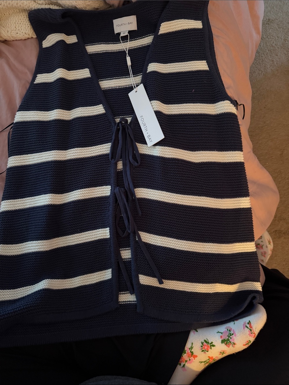 Navy and White Striped Knit Tie-Front Tunic Vest